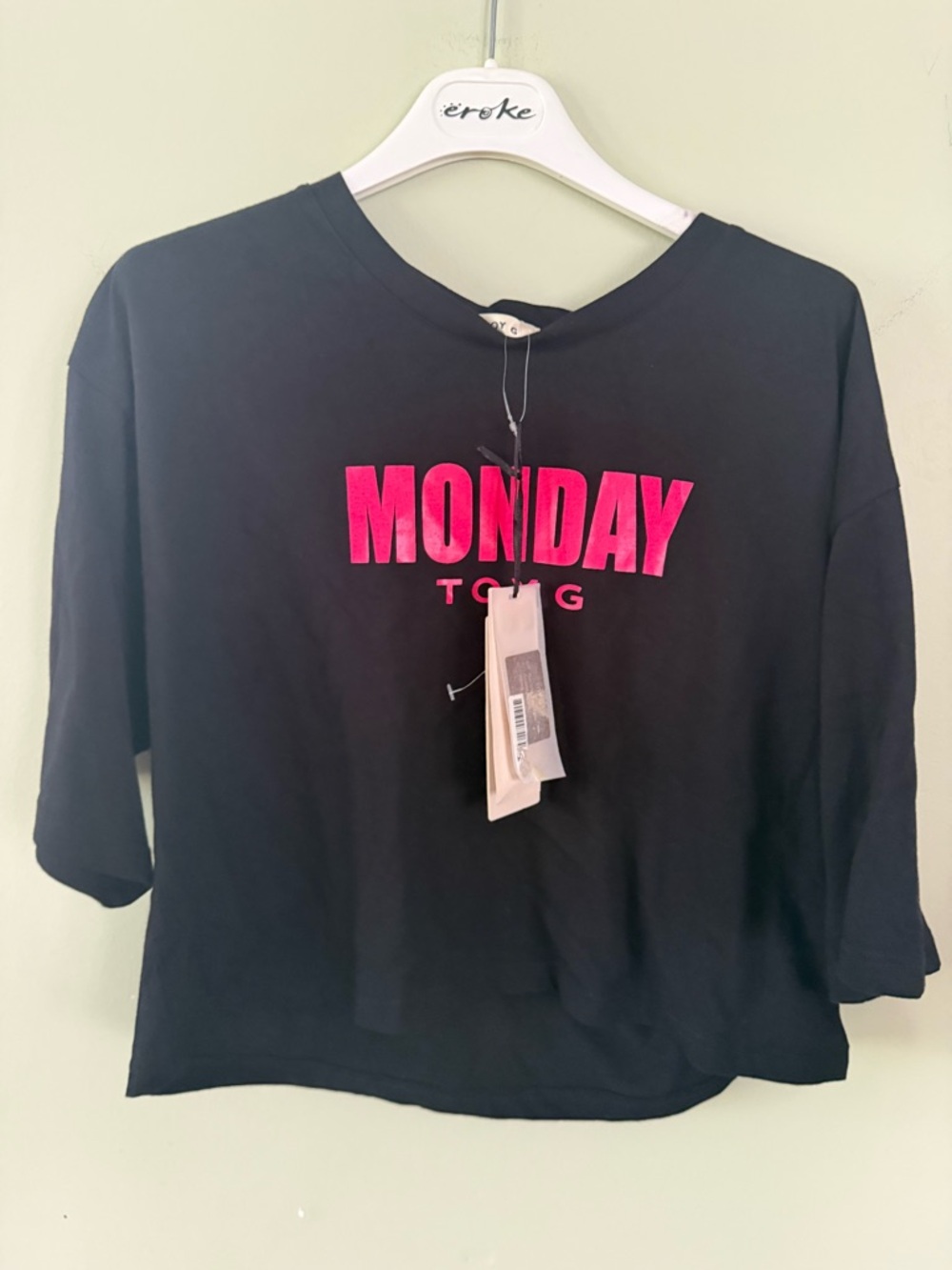 Black Crop Tee with Hot Pink MONDAY Logo